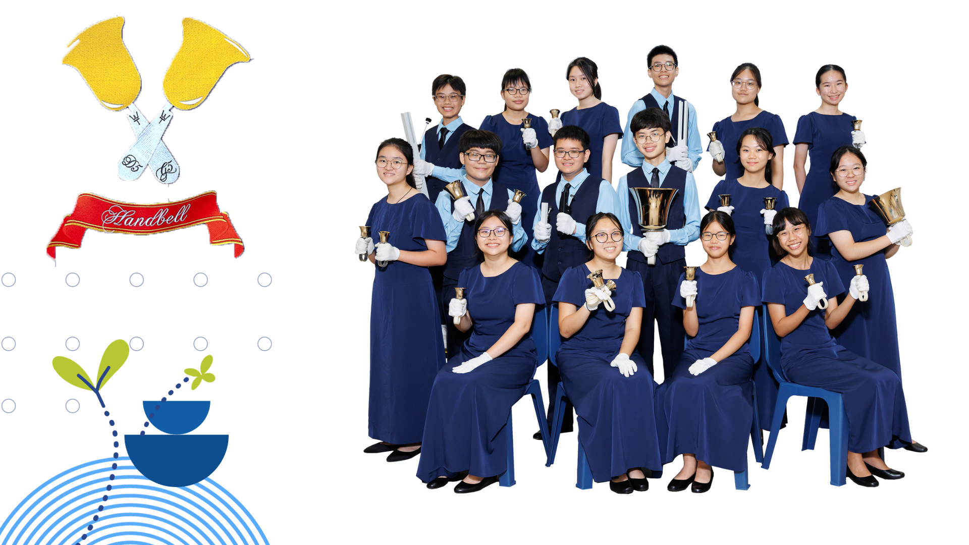 Group of young students in navy uniforms holding handbells, posing in three rows for a formal handbell ensemble photo.